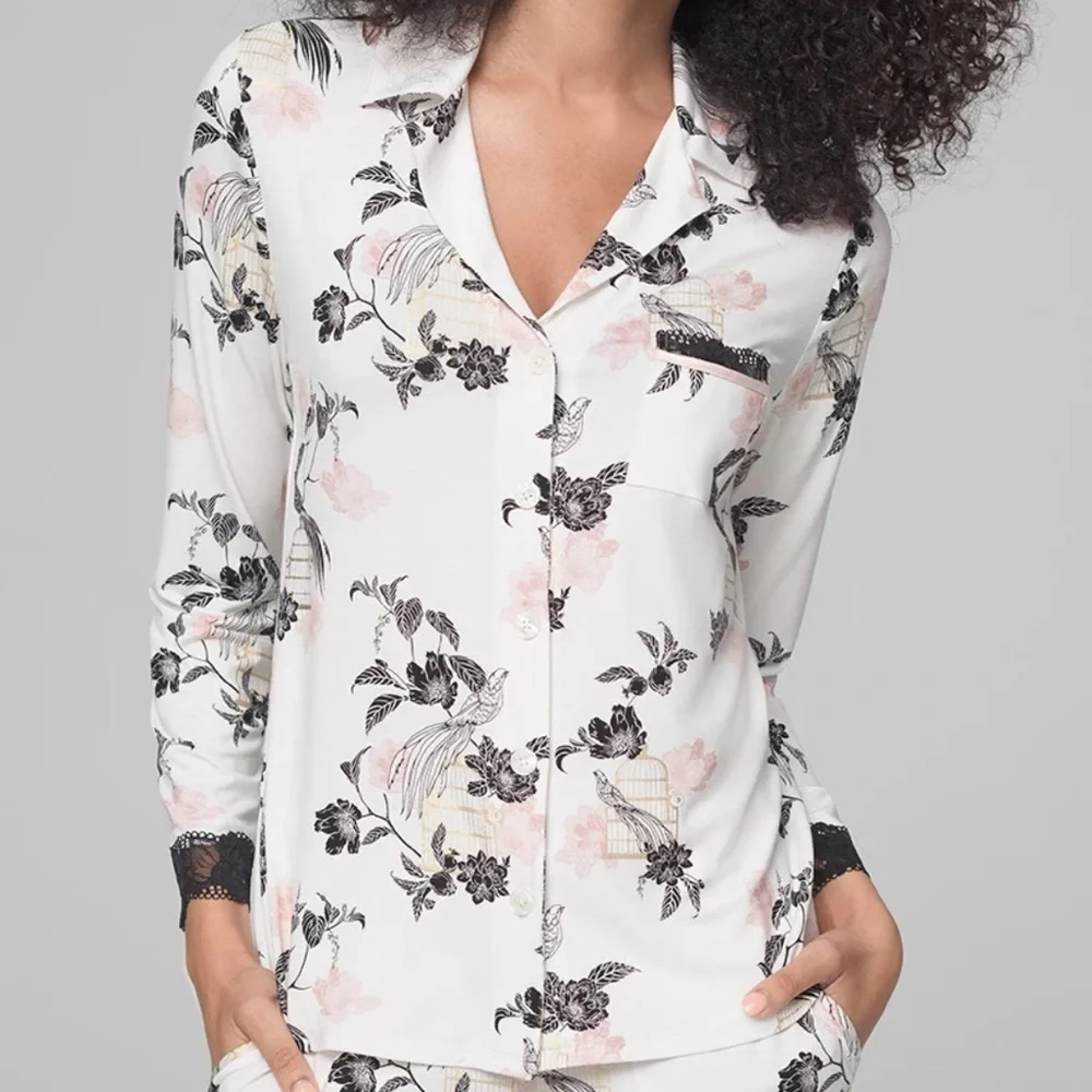 Soma Signature Lace Long Sleeve Notch Collar Pajama Top Majestic Birds Medium - Picture 1 of 8